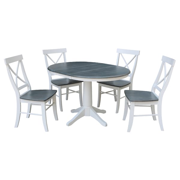 International Concepts Round 36 in Rd Extension Dining Table, 4 X-back Chairs, White/Heather Gray, 36 W, 48 L, 30.1 in H K05-36RXT-27B-C613-4 - main